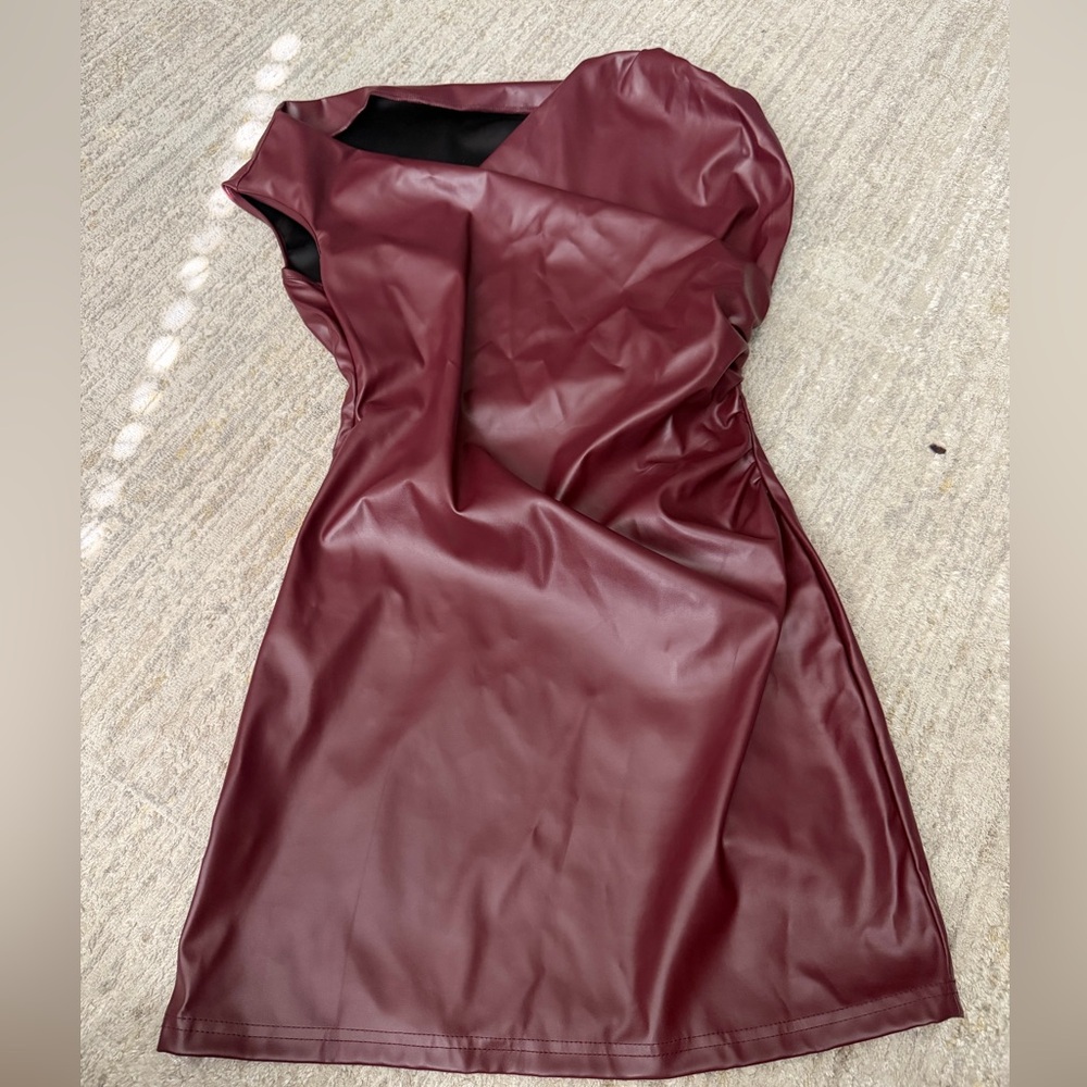 Faux Leather One Shoulder Mini Dress | Burgundy | Ruched | Size Small